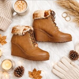 Nanette Lepore Malee Brown Faux Leather Faux Fur Wedge Boots 9.5